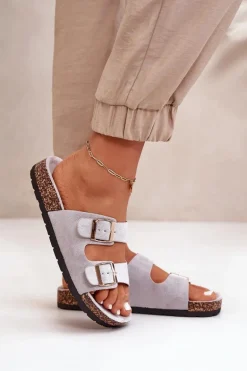 Damskie Klapki Wsuwane Na Korkowej Podeszwie Szare Cortina