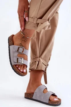 Damskie Klapki Wsuwane Na Korkowej Podeszwie Szare Cortina