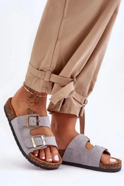 Damskie Klapki Wsuwane Na Korkowej Podeszwie Szare Cortina