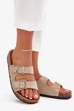 Damskie Klapki Wsuwane Na Korkowej Podeszwie Złote Cortina