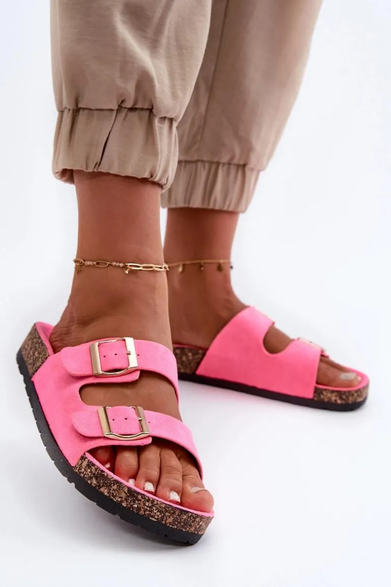 Damskie Klapki Wsuwane Na Korkowej Podeszwie Neonowy Róż Cortina