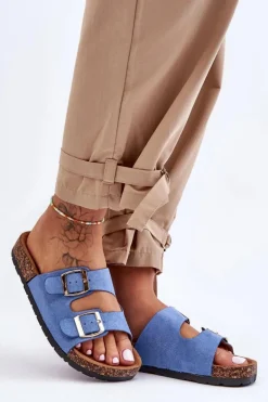 Damskie Klapki Wsuwane Na Korkowej Podeszwie Niebieskie Cortina