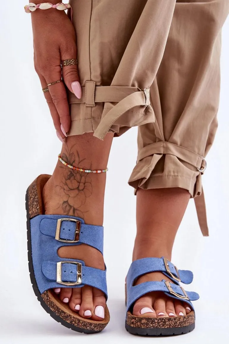 Damskie Klapki Wsuwane Na Korkowej Podeszwie Niebieskie Cortina