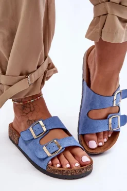 Damskie Klapki Wsuwane Na Korkowej Podeszwie Niebieskie Cortina