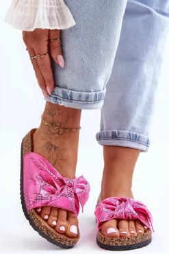 Damskie Klapki Z Błyszczącą Kokardą Różowe Cristina