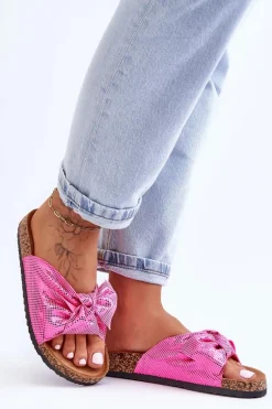 Damskie Klapki Z Błyszczącą Kokardą Różowe Cristina