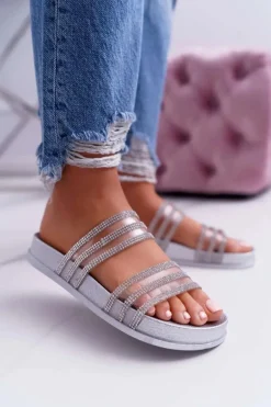 Damskie Klapki Z Cyrkoniami Srebrne Larena