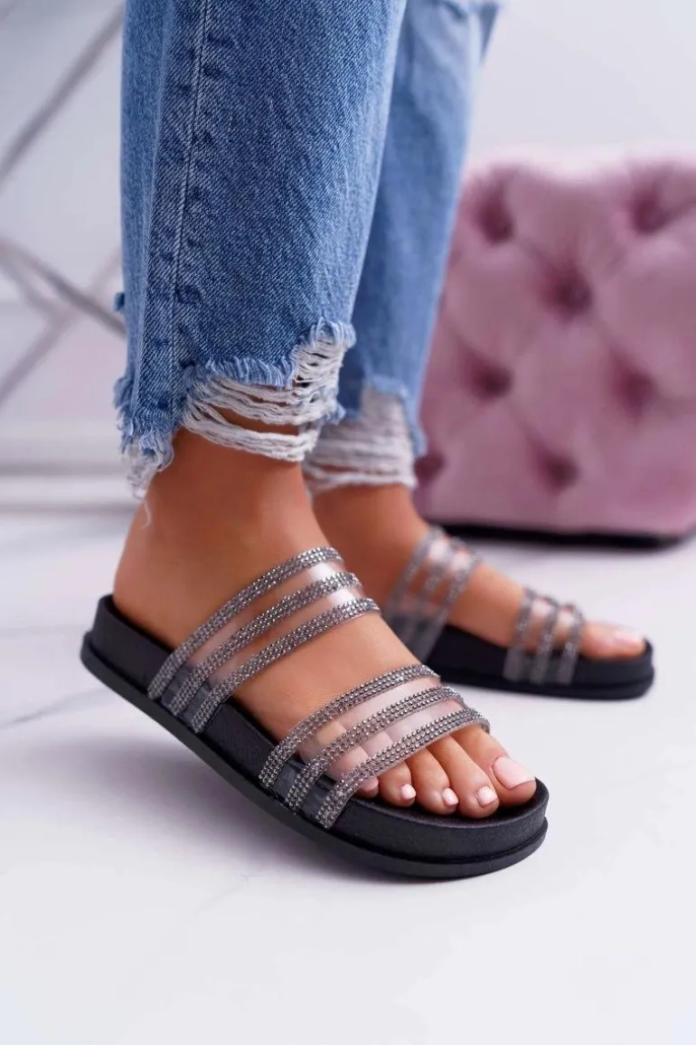 Damskie Klapki Z Cyrkoniami Czarne Larena