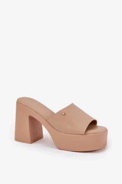 Damskie Klapki Z Eko Skóry Na Słupku I Platformie Khaki Tamirella