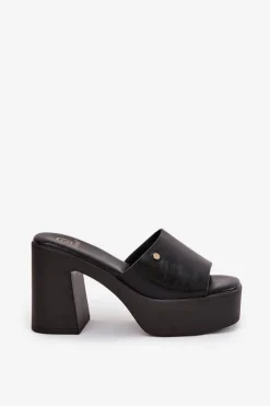 Damskie Klapki Z Eko Skóry Na Słupku I Platformie Czarne Tamirella