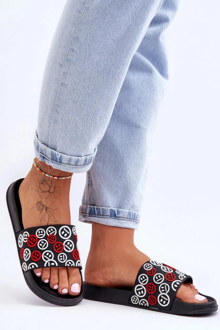 Damskie Klapki Z Emotikonami Czarne Cosette