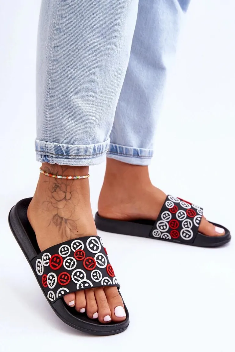 Damskie Klapki Z Emotikonami Czarne Cosette