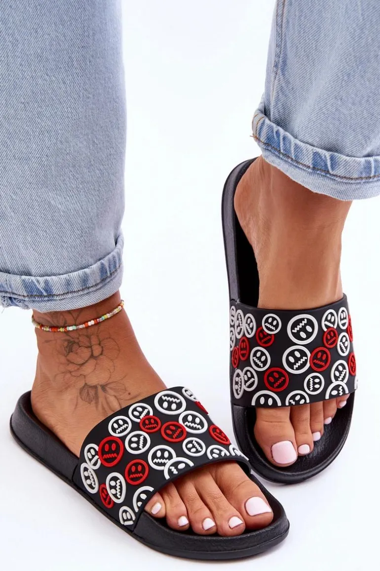 Damskie Klapki Z Emotikonami Czarne Cosette