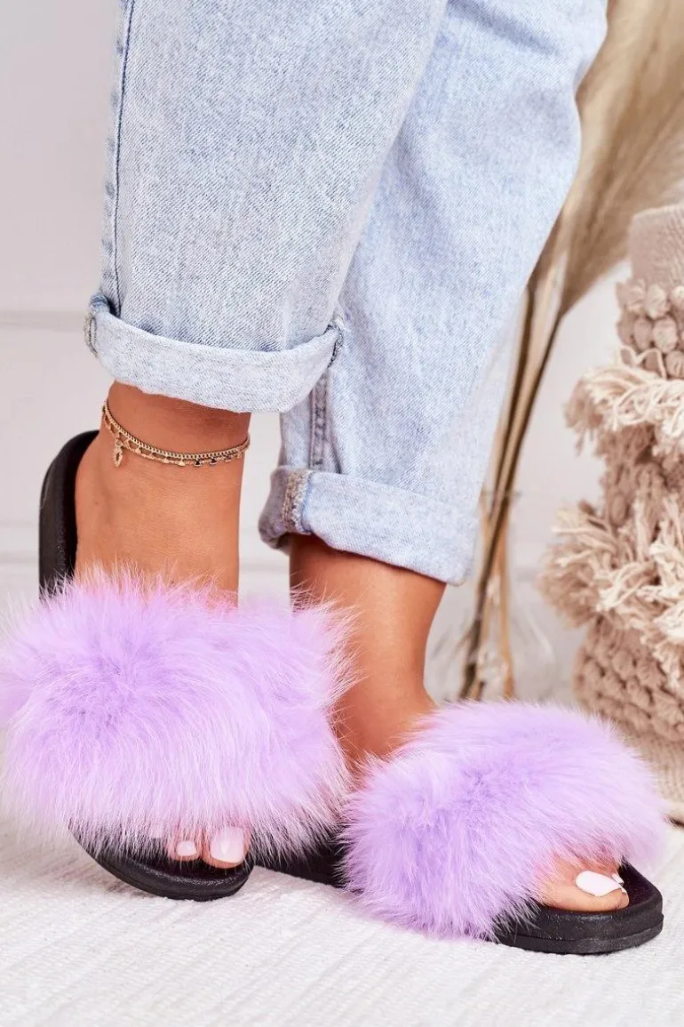 Damskie Klapki z Futerkiem Fioletowe Belmondo