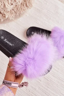 Damskie Klapki z Futerkiem Fioletowe Belmondo