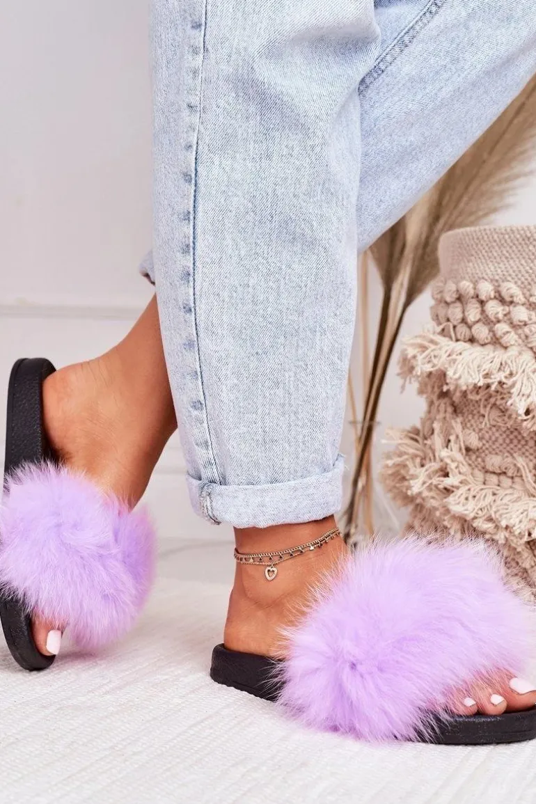 Damskie Klapki z Futerkiem Fioletowe Belmondo