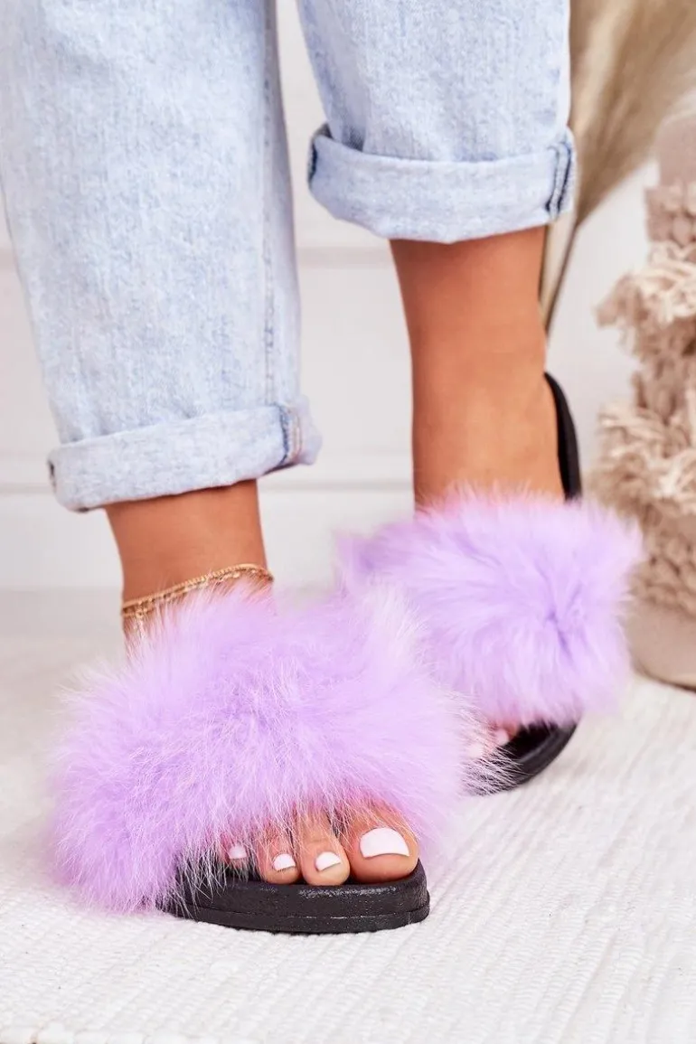 Damskie Klapki z Futerkiem Fioletowe Belmondo