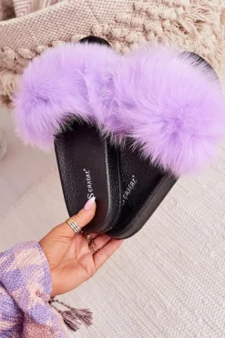 Damskie Klapki z Futerkiem Fioletowe Belmondo