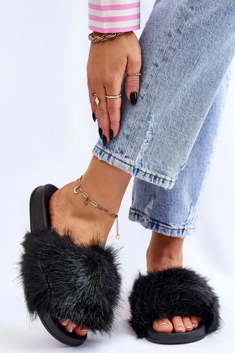 Damskie Klapki Z Futerkiem Czarne Kennet
