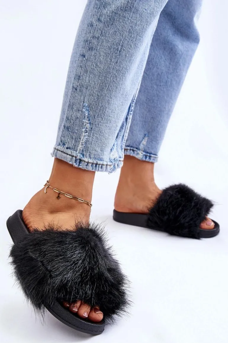 Damskie Klapki Z Futerkiem Czarne Kennet