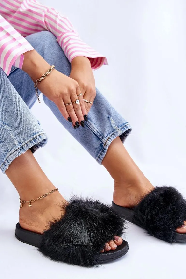 Damskie Klapki Z Futerkiem Czarne Kennet