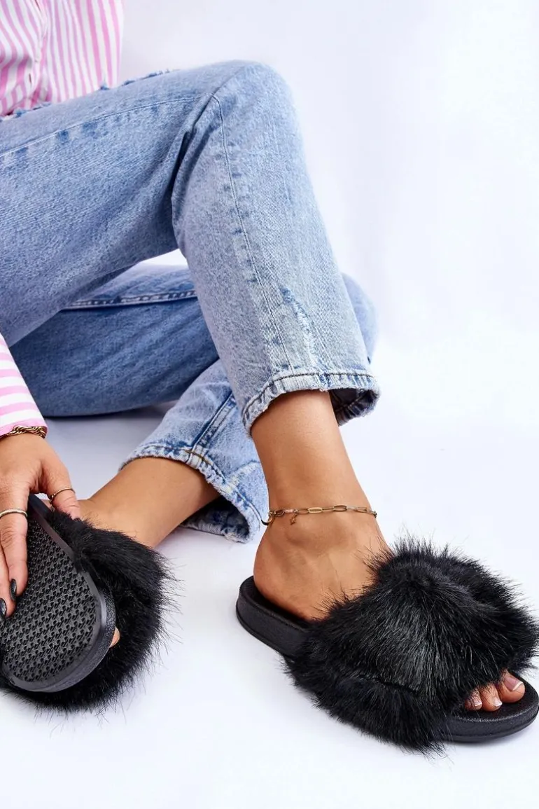 Damskie Klapki Z Futerkiem Czarne Kennet
