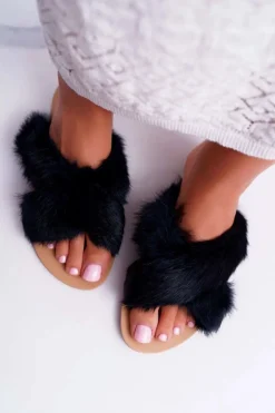 Damskie Klapki Z Futerkiem Lu Boo Czarne