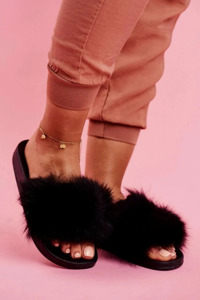 Damskie Klapki z Futerkiem Czarne Belmondo