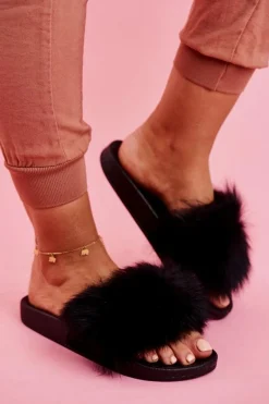 Damskie Klapki z Futerkiem Czarne Belmondo