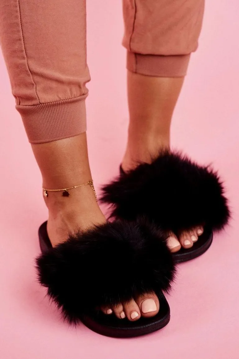 Damskie Klapki z Futerkiem Czarne Belmondo