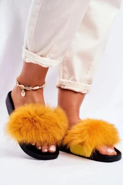 Damskie Klapki z Futerkiem Żółte Belmondo