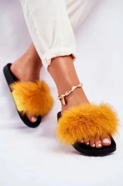 Damskie Klapki z Futerkiem Żółte Belmondo