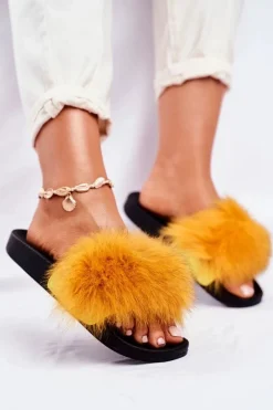 Damskie Klapki z Futerkiem Żółte Belmondo