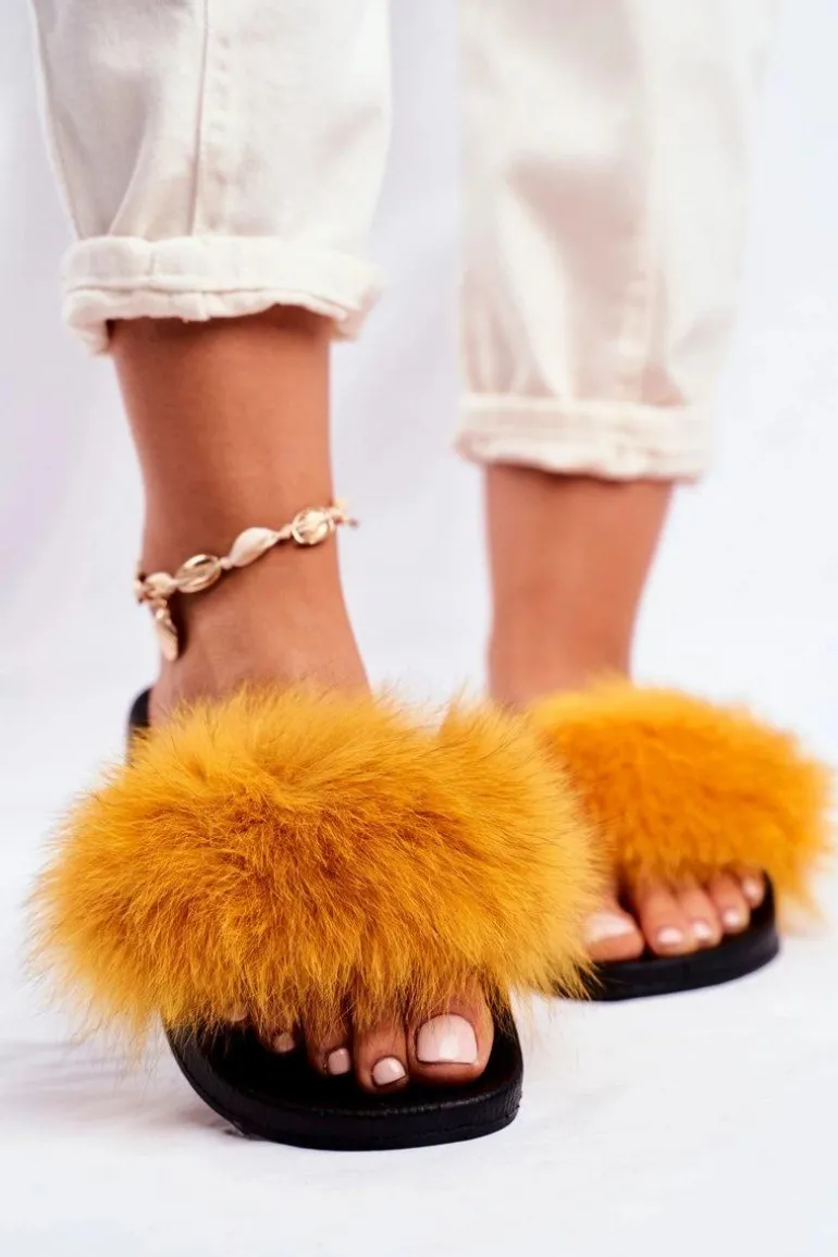 Damskie Klapki z Futerkiem Żółte Belmondo