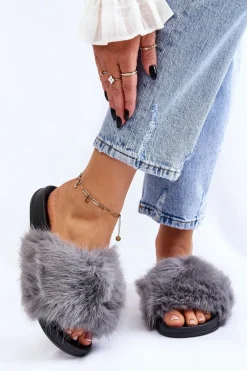 Damskie Klapki Z Futerkiem Szare Kennet