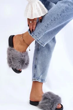 Damskie Klapki Z Futerkiem Szare Kennet