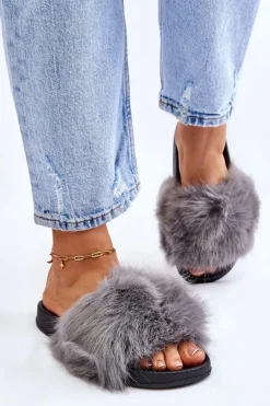 Damskie Klapki Z Futerkiem Szare Kennet