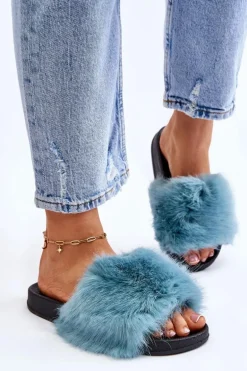 Damskie Klapki Z Futerkiem Turkusowe Kennet