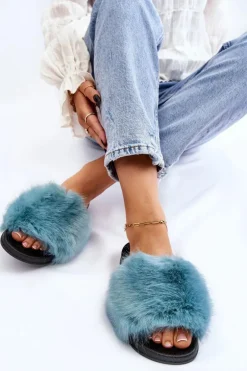 Damskie Klapki Z Futerkiem Turkusowe Kennet