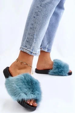 Damskie Klapki Z Futerkiem Turkusowe Kennet