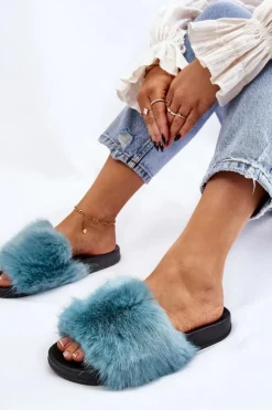 Damskie Klapki Z Futerkiem Turkusowe Kennet