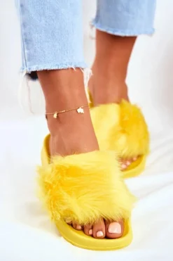 Damskie Klapki Z Futerkiem Żółte Fur