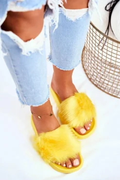 Damskie Klapki Z Futerkiem Żółte Fur