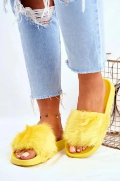Damskie Klapki Z Futerkiem Żółte Fur