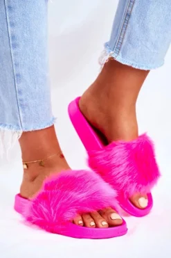 Damskie Klapki Z Futerkiem Neon Fuksja Fur