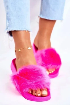 Damskie Klapki Z Futerkiem Neon Fuksja Fur
