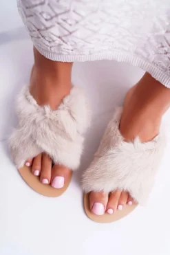 Damskie Klapki Z Futerkiem Lu Boo Ecru