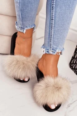 Damskie Klapki z Futerkiem Beżowe Belmondo