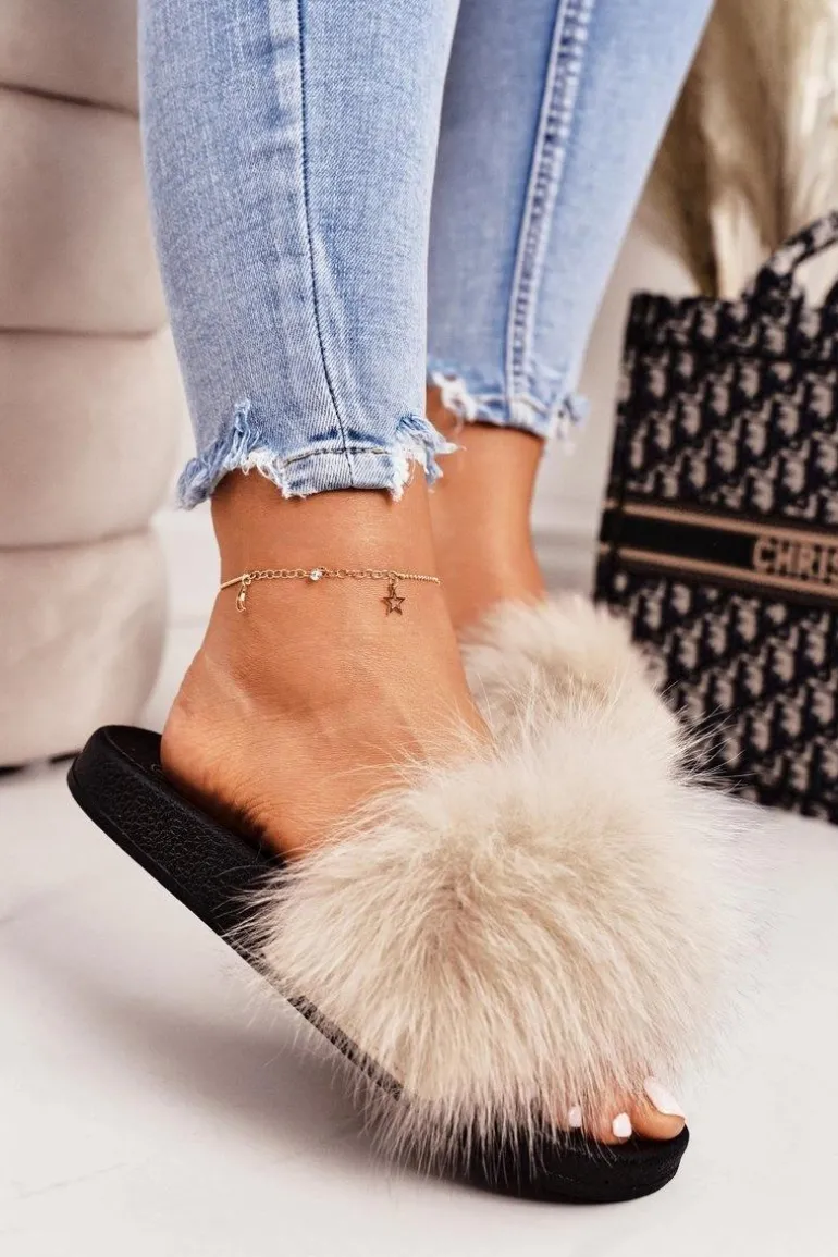 Damskie Klapki z Futerkiem Beżowe Belmondo