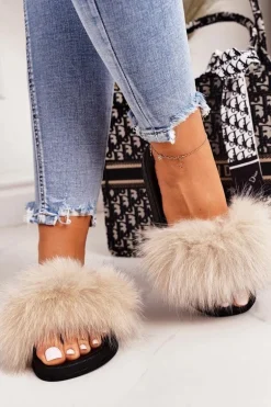 Damskie Klapki z Futerkiem Beżowe Belmondo